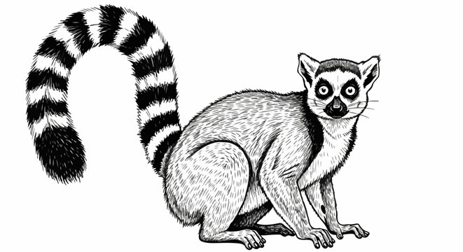 Hand drawn lemur for nature illustration projects, depicted with striped tail and expressive face. This illustration showcases lemur animal in realistic style, adding charm to projects.