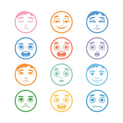 Twelve colorful cartoon faces showing various emotions