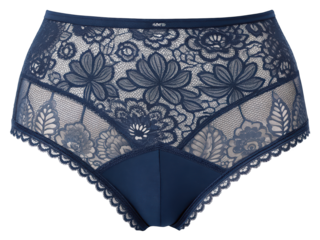 High waisted navy blue lingerie panties with floral lace and scalloped trim comfortable and flattering underwear for women elegant and stylish feminine garment