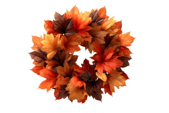 Autumnal wreath of vibrant leaves on a contrasting transparent background studio shot