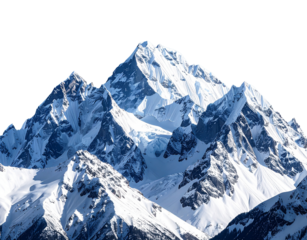  - Snow-Capped Mountain Peaks Under Clear Blue Sky, Front View Landscape, Isolated on Transparent Background