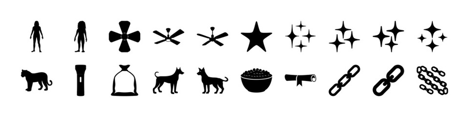 Primitive & Decorative Silhouette Icons – Stars, Chains, Dogs, - A creative black silhouette icon set on a white background, featuring a variety of primitive, decorative, and thematic symbols. 