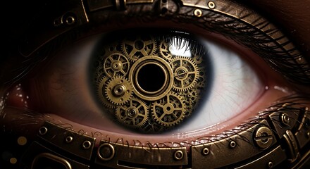 A detailed macro view of a steampunk cybernetic eye with an iris made of intricate golden clockwork gears, symbolizing the mechanics of vision and time.