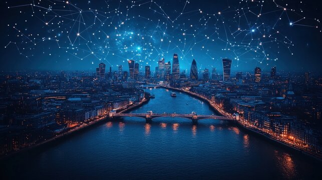 London skyline at night, interconnected network