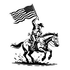 Obraz premium Vector Illustration of Cowboy Riding a Bucking Horse holding American Flag