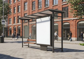 A modern bus stop with a blank advertising display, located on a city street with pedestrians.