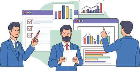 Business team discusses project data and performance. Data analysis, business meeting, corporate planning, strategy