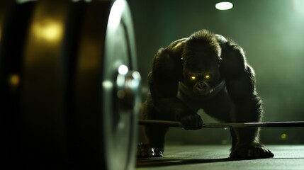 gorilla-bodied athlete mid-deadlift, glowing eyes, tribal gym setting, raw primal energy, cinematic lighting
