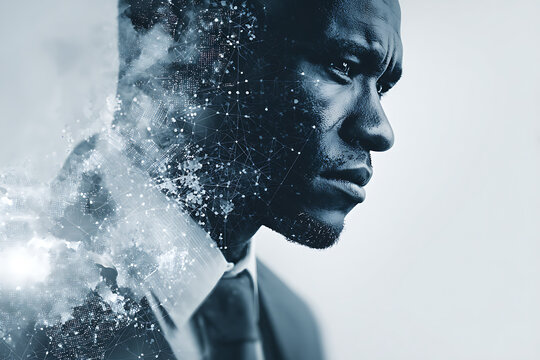 Abstract portrait of african american businessman with digital network technology concept design art work