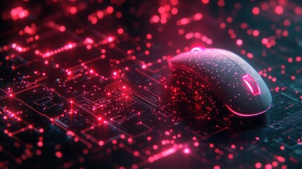 Computer mouse on circuit board, glowing