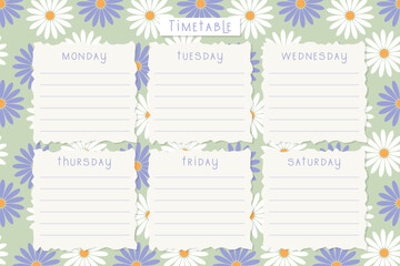School timetable, violet pattern with chamomiles. Classroom timetable lines. Study plan. Planner, classroom table, template.