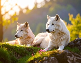 Obraz premium White arctic wolves, a pair of wild gray predators, rest in the furry forest nature