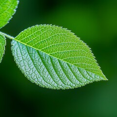 A detailed macro photograph showcases a vibrant light green leaf exhibiting intricate vein patterns against a blurred deep green natural background providing ample copy space for