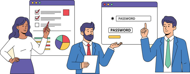 Three professionals present data and discuss password security. Business meeting, digital security, data analysis, corporate briefing, secure password, employee training
