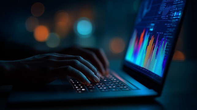 Hands typing on illuminated keyboard displaying colorful data graphs laptop screen - Powered by Adobe