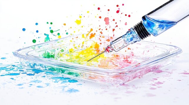 A macro close-up reveals a sye dispensing vibrant colorful liquid onto a transparent plastic plate, creating a dynamic splash effect ideal for immunoassay or similar laboratory