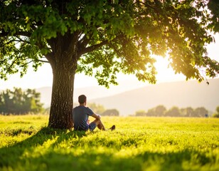 Young man deeply engaged in reading a book while sitting on the grass in a sunny park, enjoying the beauty of nature and peaceful outdoor relaxation
