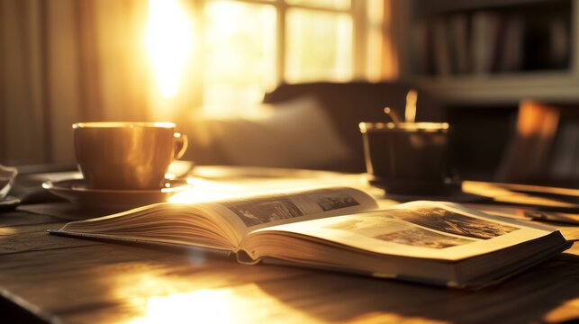 Graduation ceremony memories, photo album spread on table, nostalgic lighting