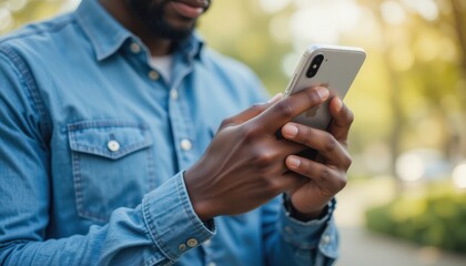Man using his mobile device in an outdoor setting for social networking
