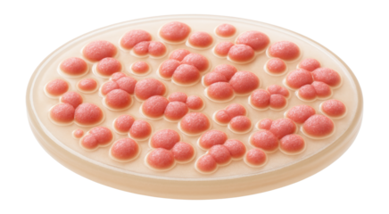 Pink bacterial colonies forming small, round clusters on agar medium