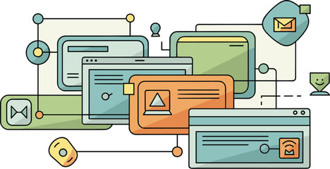 Set of connected screens shows various app interfaces. Illustration of digital communication, software network, internet services, and web application development.