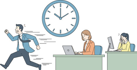 Man rushes past busy colleagues in the office to not be late. Time management, deadline pressure, corporate culture, productivity, work life balance, late