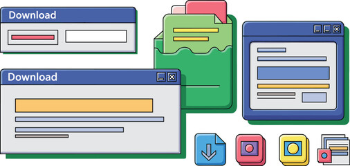 Icons of computers, downloads, and file folders. File management, data transfer, software, organization, digital storage