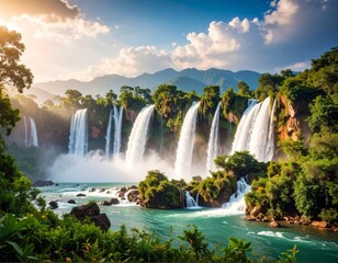 Naklejka premium Discover the stunning natural beauty of waterfalls cascading through lush green forests and rocky landscapes, from tranquil streams to the majestic falls of Plitvice and Krka National Parks in Croatia