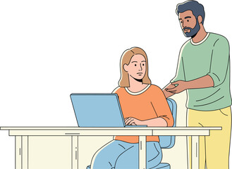 Man assists woman working on laptop at desk. Workplace mentoring, support, and guidance. Digital office and professional growth.