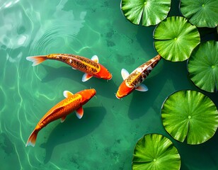 Green frog in a clear river with a leaf, red butterfly, and colorful fish