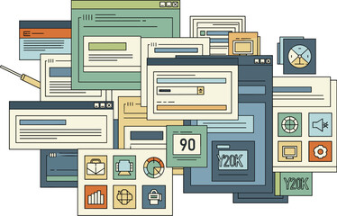 Numerous web windows are opened simultaneously. Digital information overload, computer screens, internet browsing, online workflow