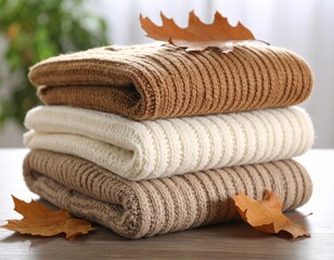White bath towels neatly stacked on a wooden table evoke a sense of clean relaxation and spa-like wellness