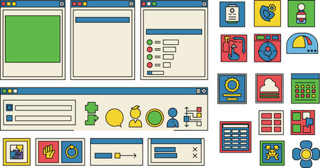 Variety of design tools and application windows displayed in interface. Software development, app design, user interface, computer graphics, icon set, creative, technology.