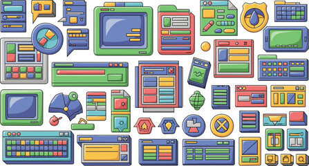 Icon set displays website design and interface elements. Graphical user interface, application development, navigation, web content, layout, interface design.