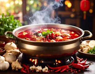 Spicy red lentil and vegetable soup with chili peppers in a healthy bowl