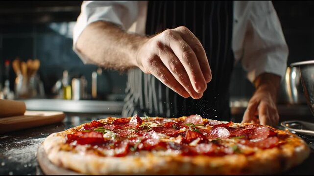 Skilled chef completes homemade pizza, using delicate movements to place garnishes.