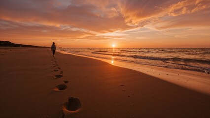 A person walking on the beach leaving footprints at sunset with a colorful sky above the ocean