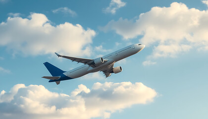 Obraz premium A realistic 3D rendered image of a commercial airplane flying at high altitude through a partly cloudy sky 