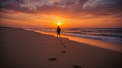Obraz premium A man walking on the beach at sunset leaving footprints in the sand with orange sky and ocean view