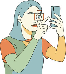 Woman using facial recognition on mobile phone. Technology security, privacy, identity verification, biometric data.