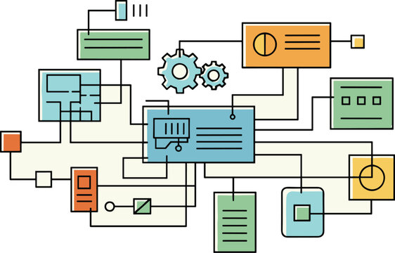 Connected elements create a complex workflow. Abstract diagram, system integration, data flow, process management, business automation.