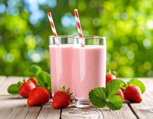 Fresh pink strawberry milkshakes and smoothies with mint, berries, and yogurt in a glass, a healthy and sweet fruit dessert drink