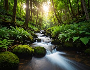 A majestic waterfall cascades through a vibrant green forest, its clear water flowing over ancient rocks into a serene river