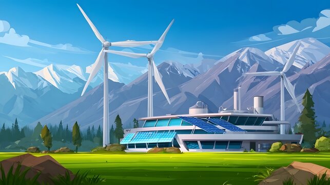 A modern renewable energy facility featuring wind turbines and solar power by a picturesque mountain landscape and a clear blue sky showcasing a sustainable and eco friendly approach to energy