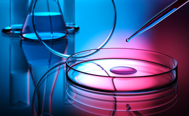 Petri dishes in the laboratory with pipette with drop of color liquid with blue background -...