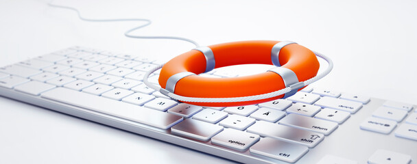 Closeup photo of orange colored lifebuoy on  white computer keyboard - 3D illustration