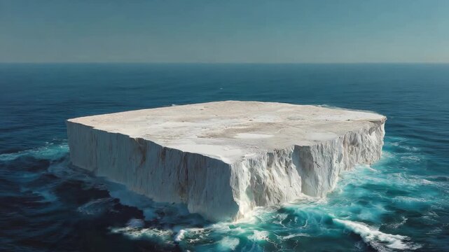 Here's a high-quality, SEO-optimized Adobe Stock title and keywords for your AI-generated image, along with the most suitable category:

Title: Massive Flat-Top Iceberg Floating in Blue Ocean