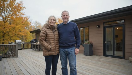 Happy middle-aged couple stands on wooden deck outside new house during autumn. Smile, representing homeownership, future planning, lifestyle aspirations. Scene conveys joy, togetherness, sense of