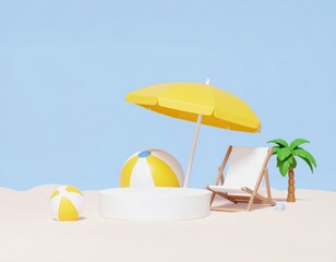 Beach chair and umbrella on a tropical beach with the sea, sand, and sun for a relaxing summer vacation