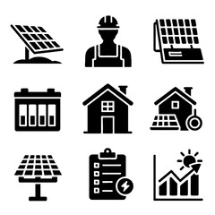 Solar Energy System Icons | Renewable Power Silhouettes | Green Home & Growth Vector